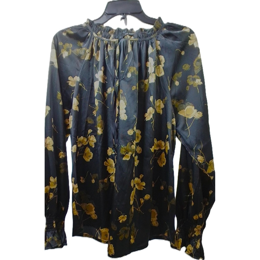 Blu Pepper Black Yellow Floral Sheer Peasant Blouse Ruffle Smocked Cuff Large